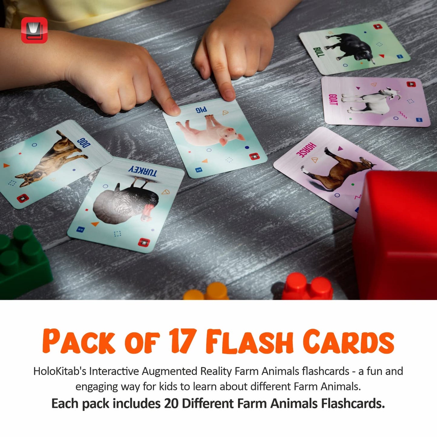 HoloKitab Augmented Reality Farm Animals Flashcards Kit: 17 Laminated Cards with Real Illustrations, Real Voices & 3D Animations | Enhance Early Learning for Kindergarten