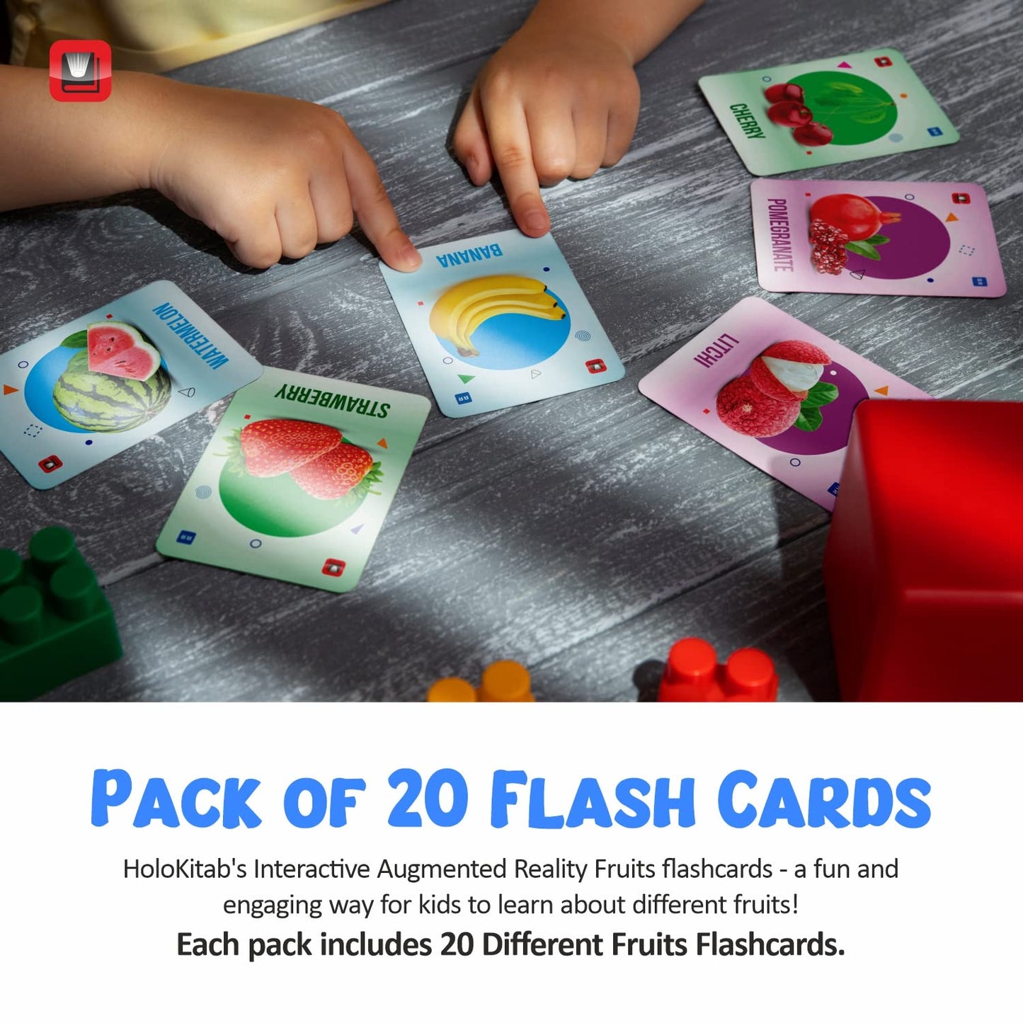 HoloKitab Augmented Reality Fruits Flashcards Kit: 20 Laminated Cards with Real Illustrations for Early Learning Development