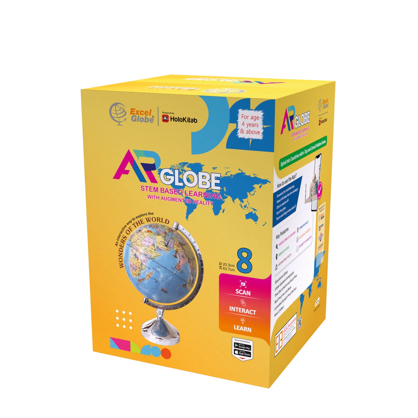 Excel Globe Educational Interactive 3D Smart Learning Globe (8 Inches) | Laminated, Heavy aluminium Arc & Base | FREE Augmented Reality App by Holokitab | Home & Office Décor, Study Table, World Map Wall Décor