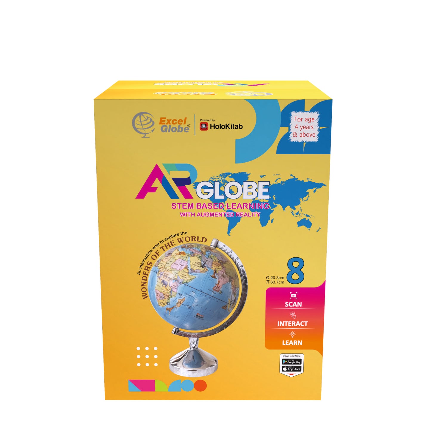 Excel Globe Educational Interactive 3D Smart Learning Globe (8 Inches) | Laminated, Heavy aluminium Arc & Base | FREE Augmented Reality App by Holokitab | Home & Office Décor, Study Table, World Map Wall Décor