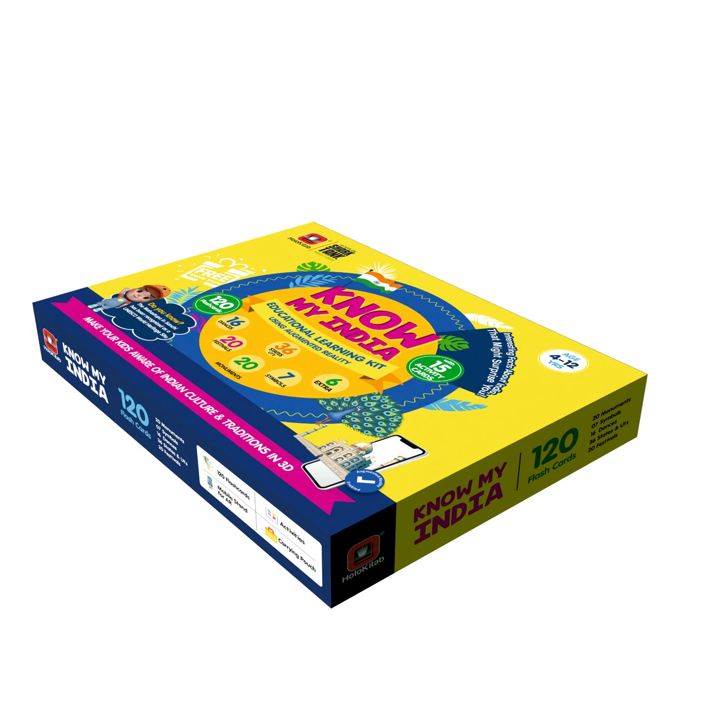 HoloKitab Combo Know my India Smart Learning Kit for Kids. Learn about Indian Dances, Monuments, Festivals, States UTs & National Symbols | 120 Flashcards | Activity Cards | AR Enabled | 4- 14 Yrs