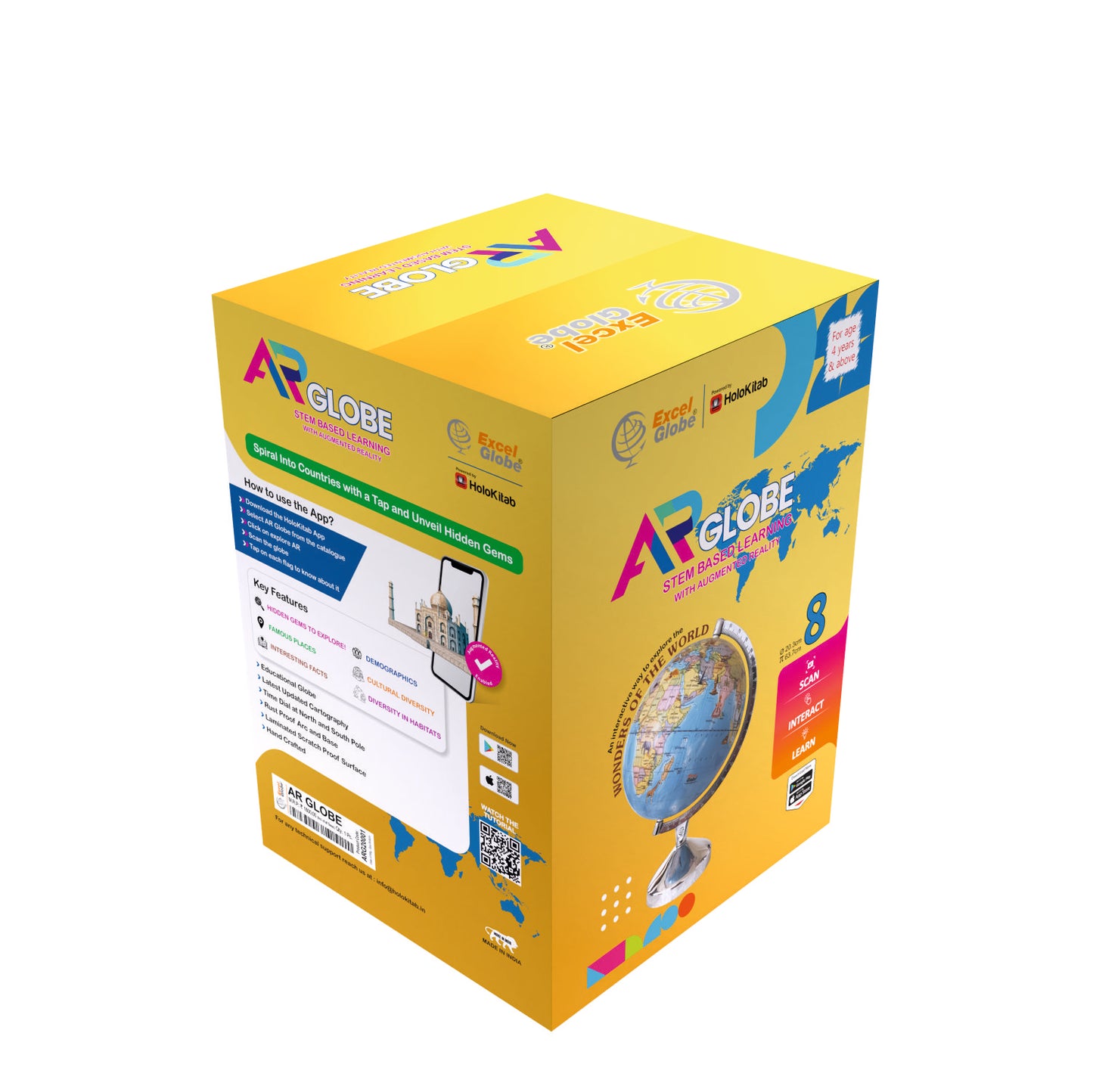 Excel Globe Educational Interactive 3D Smart Learning Globe (8 Inches) | Laminated, Heavy aluminium Arc & Base | FREE Augmented Reality App by Holokitab | Home & Office Décor, Study Table, World Map Wall Décor