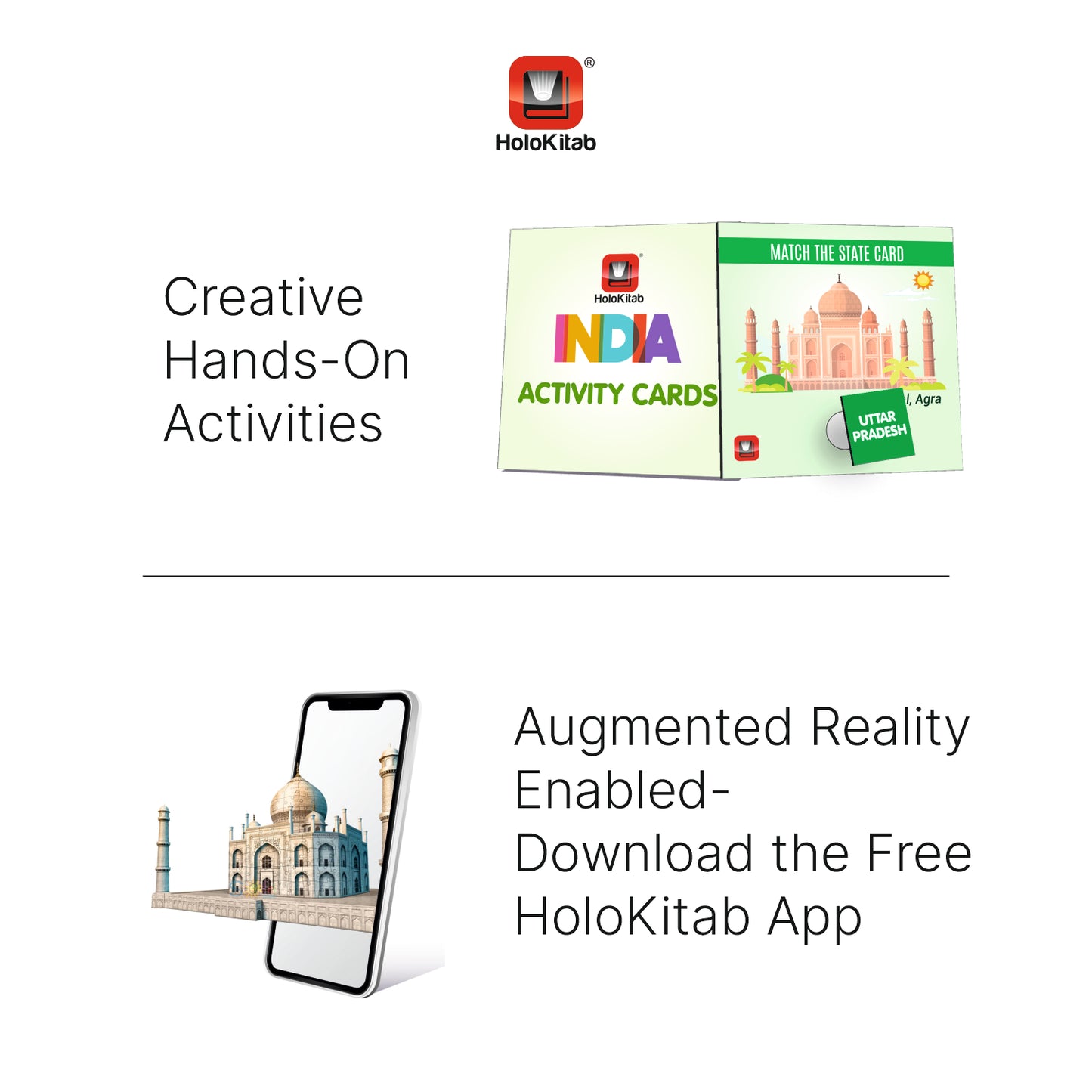 HoloKitab Combo Know my India Smart Learning Kit for Kids. Learn about Indian Dances, Monuments, Festivals, States UTs & National Symbols | 120 Flashcards | Activity Cards | AR Enabled | 4- 14 Yrs