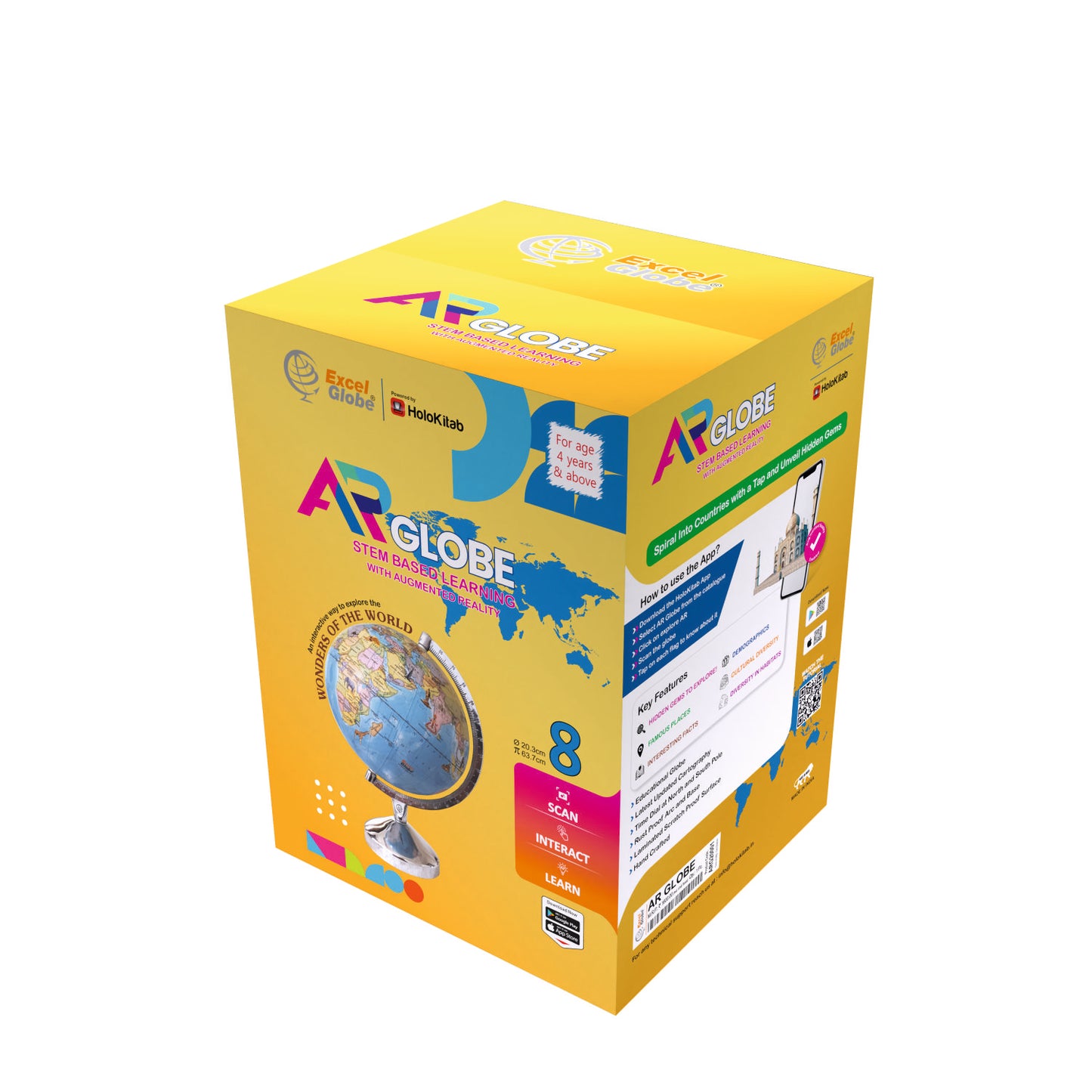 Excel Globe Educational Interactive 3D Smart Learning Globe (8 Inches) | Laminated, Heavy aluminium Arc & Base | FREE Augmented Reality App by Holokitab | Home & Office Décor, Study Table, World Map Wall Décor