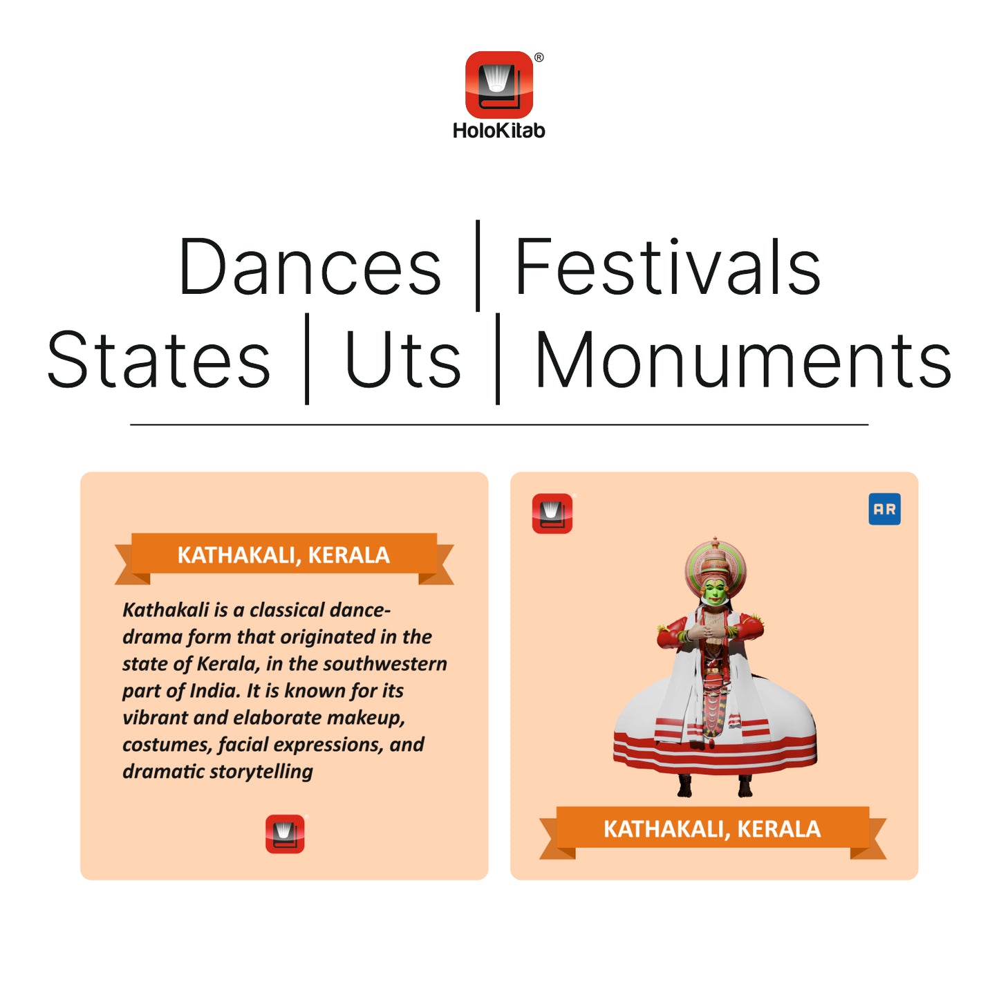 HoloKitab Combo Know my India Smart Learning Kit for Kids. Learn about Indian Dances, Monuments, Festivals, States UTs & National Symbols | 120 Flashcards | Activity Cards | AR Enabled | 4- 14 Yrs