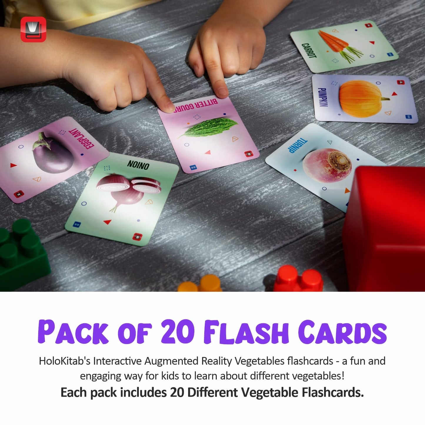 HoloKitab Augmented Reality Vegetable Flashcards Kit: 20 Laminated Cards with Real Illustrations | Ideal for Kindergarten