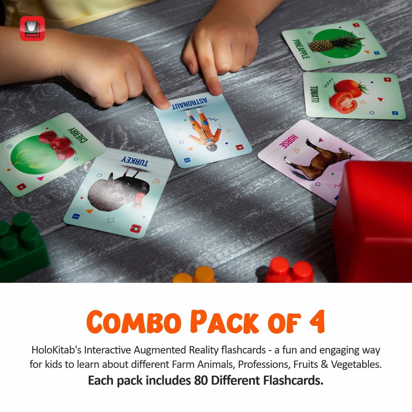 HoloKitab Combo Gift Pack Augmented Reality 3D - Farm Animals | Fruits | Vegetables | Professions | 80 CardsHoloKitab Combo Gift Pack Augmented Reality 3D - Farm Animals | Fruits | Vegetables | Professions | 80 Cards